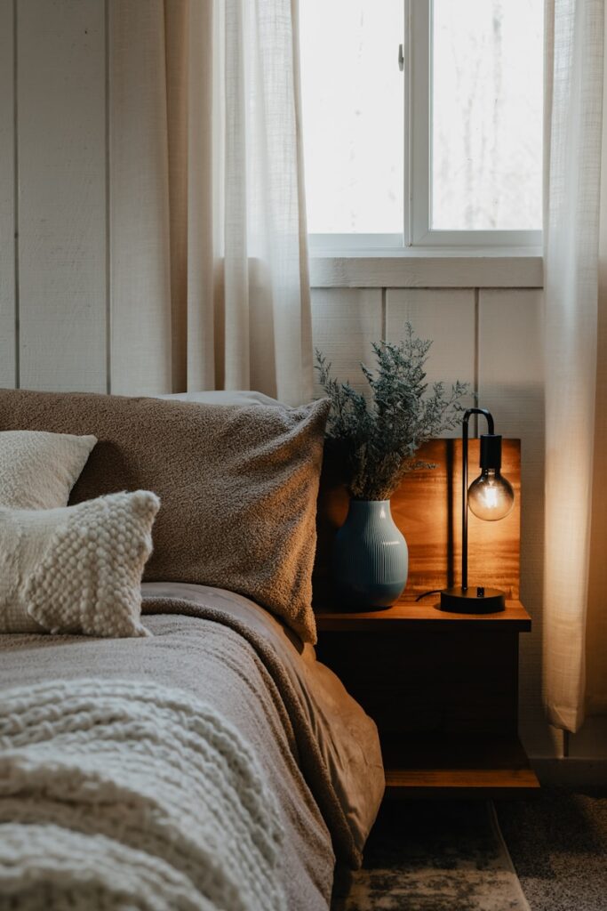 a bedroom with a bed and a nightstand 